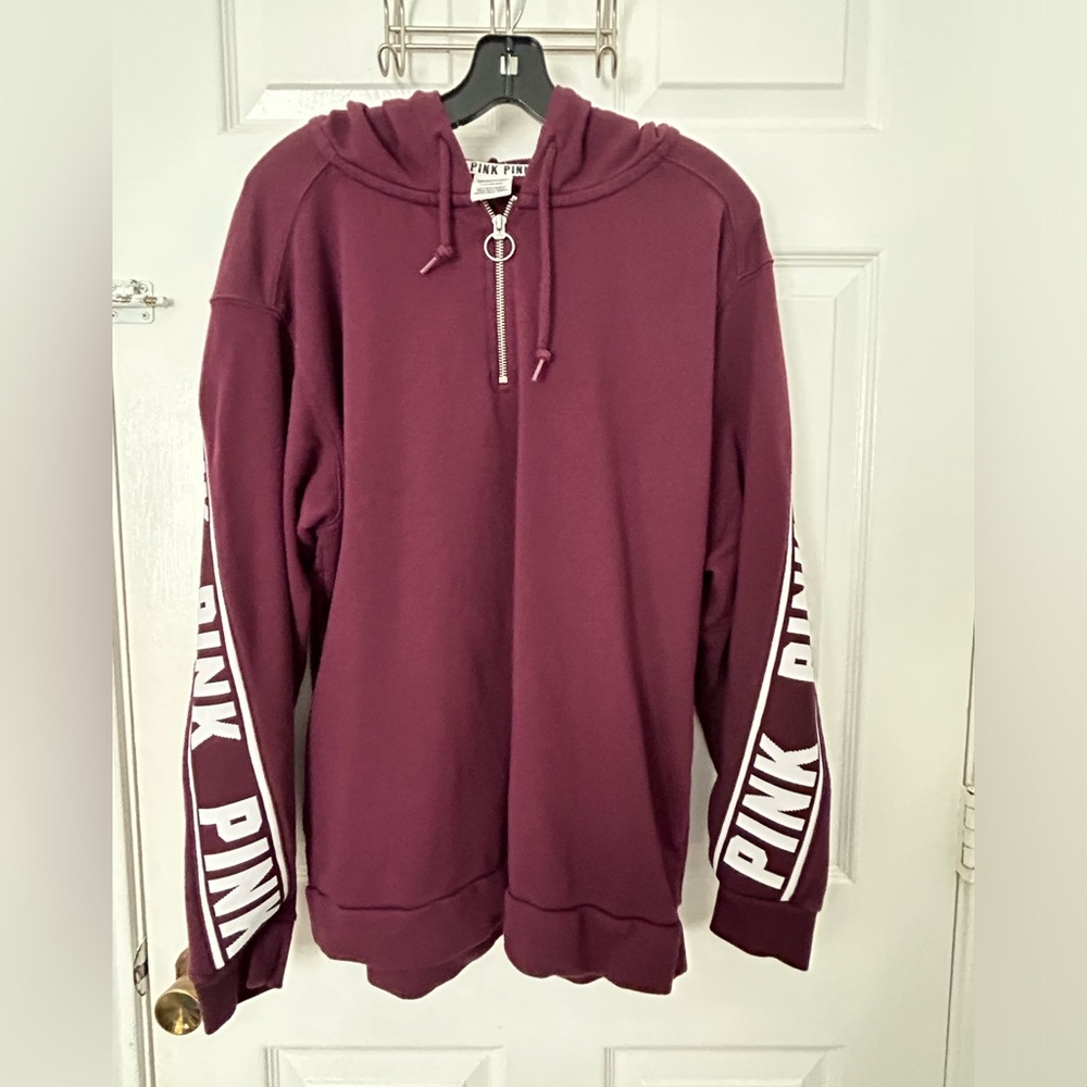 PINK Victoria's Secret Burgundy Half-Zip Hoodie with White Sleeve Logo